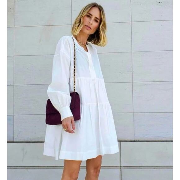 NEW! Anine Bing L Addison Babydoll Shirt Dress Cotton Poplin Long Sleeves White - Picture 1 of 8